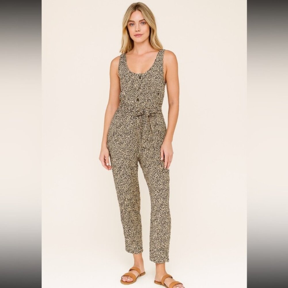 JOE FRESH Leopard Print Romper. Sleeveless, button front top, belted. Large